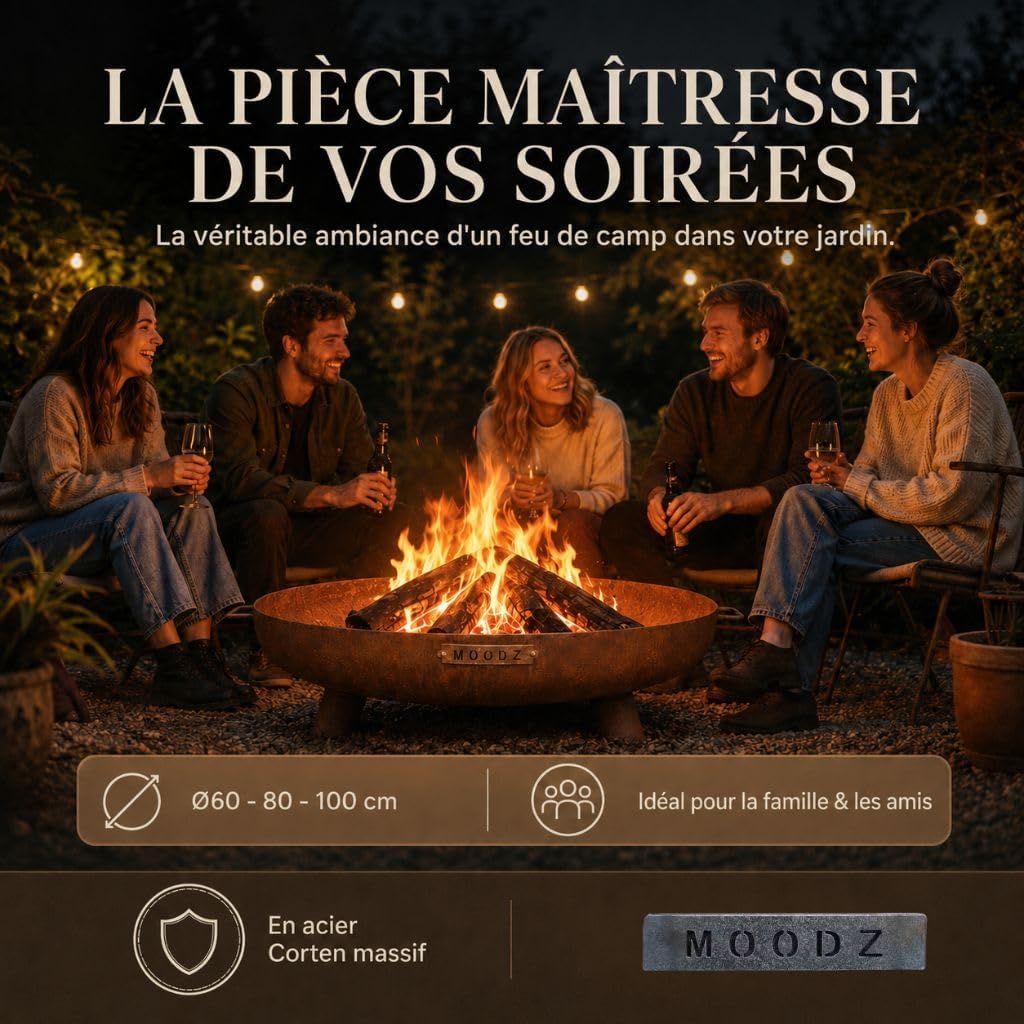 Moodz Brasero 100 cm Feet & Handle en Acier Corten – Bol à Feu Extérieur pour Le Jardin – Brasero de Terrasse avec Grille de Cuisson Optionnelle – 100x100x23.5 cm Acier Corten Ø 100 cm F&H
