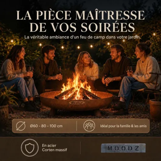 Moodz Brasero 100 cm Feet & Handle en Acier Corten – Bol à Feu Extérieur pour Le Jardin – Brasero de Terrasse avec Grille de Cuisson Optionnelle – 100x100x23.5 cm Acier Corten Ø 100 cm F&H