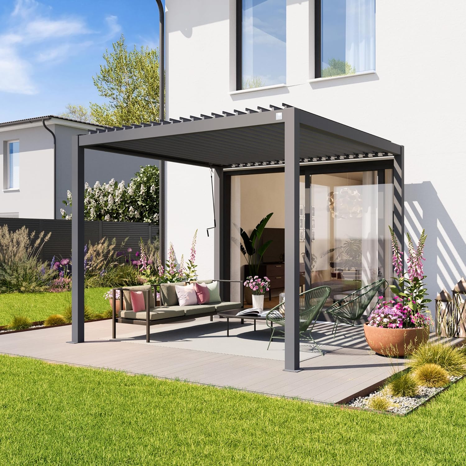 PRIMEYARD Pergola 3x3 m poteaux en Aluminium avec Lames orientables en Acier pavillon Gris Gris 3x3 m