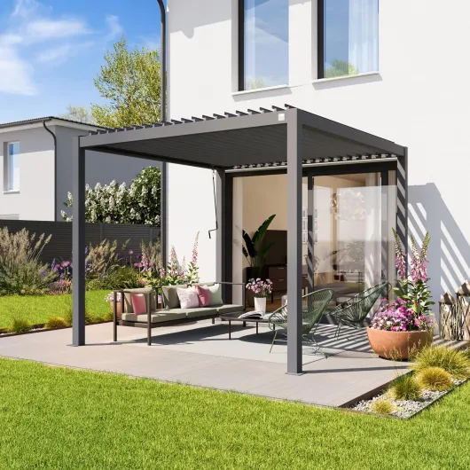 PRIMEYARD Pergola 3x3 m poteaux en Aluminium avec Lames orientables en Acier pavillon Gris Gris 3x3 m