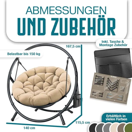 KESSER Fauteuil suspendu avec cadre Bali, balançoire suspendue, chaise suspendue jusqu'à 150 kg, pour intérieur et extérieur + coussin et poche latérale, panier suspendu, structure en acier et Beige