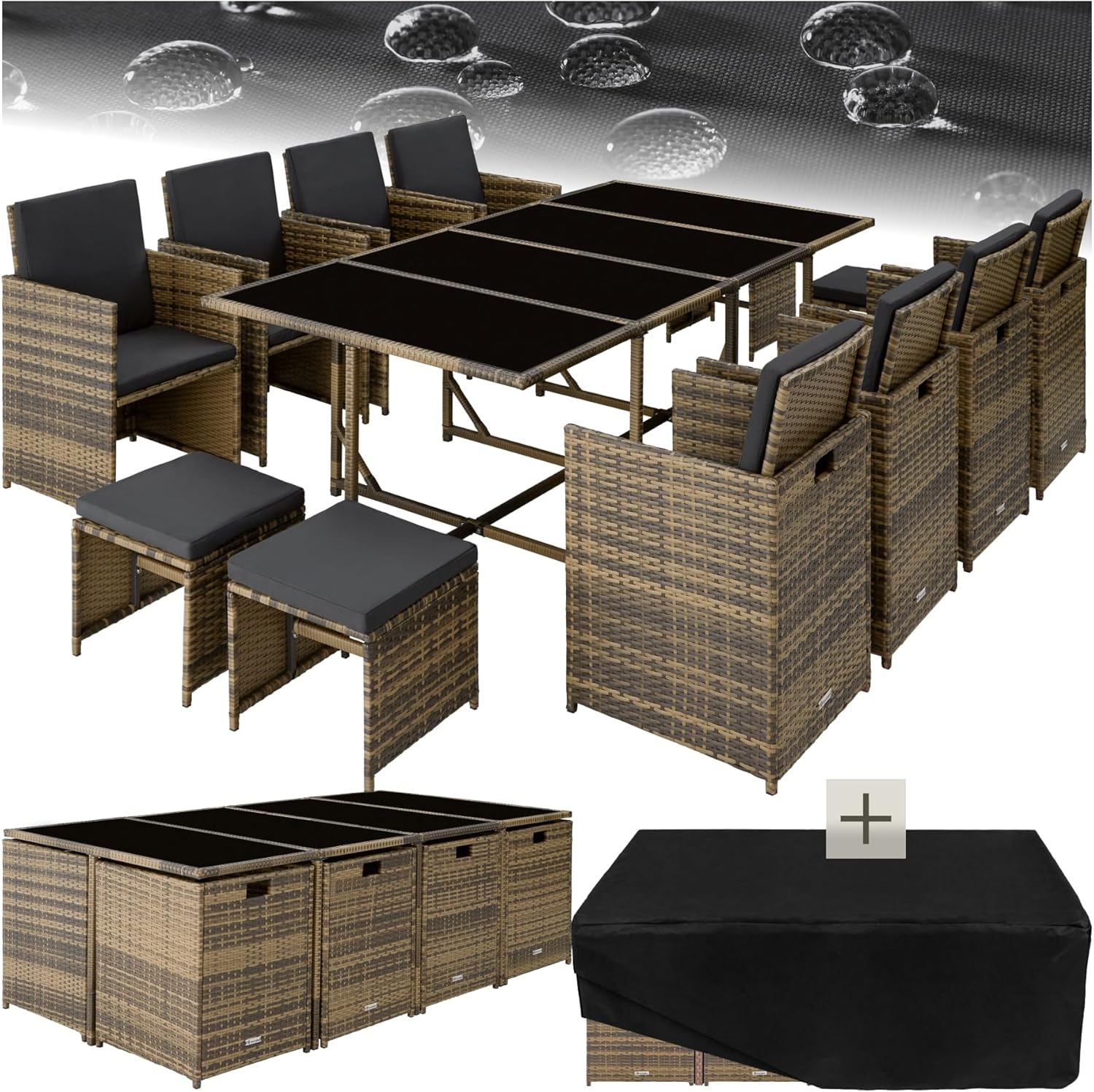 Salon de Jardin en Résine Tressée Ensemble Repas de Jardin Exterieur 8 Chaise Confortable 4 Tabouret de Jardin 1 Table Mobilier Jardin Amenagement Balcon Terrasse – Marron Naturel/Gris Foncé