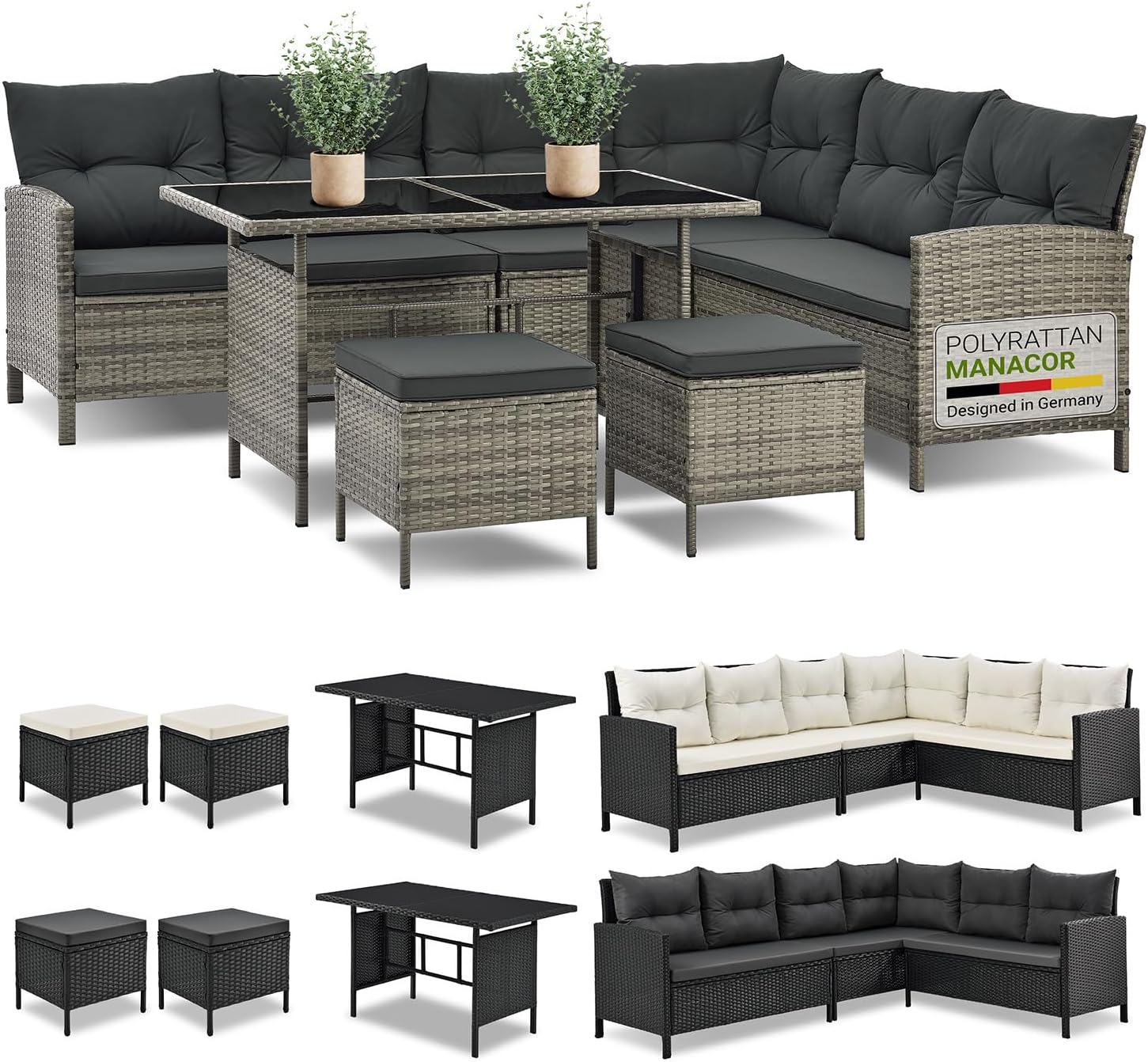 Salon de Jardin Lounge Manacor en polyrotin Gris moucheté - avec canapé, Table, 2 tabourets et Coussins - Ensemble de Meubles de Jardin jusqu'à 7 Personnes - Housses Grise Gris Chiné