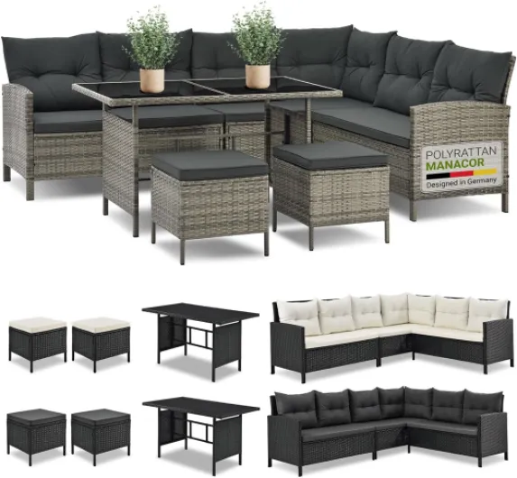 Salon de Jardin Lounge Manacor en polyrotin Gris moucheté - avec canapé, Table, 2 tabourets et Coussins - Ensemble de Meubles de Jardin jusqu'à 7 Personnes - Housses Grise Gris Chiné