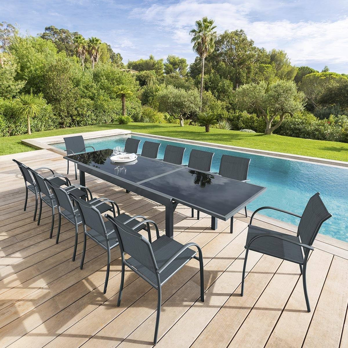 Table de Jardin Extensible Piazza Gris Graphite - 12 Places - Aluminium Antirouille Verre trempé - Meuble d'Extérieur Rallonge Coulissante