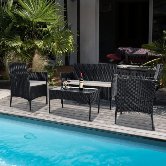 Salon de Jardin Meubles de Jardin en Résine Tressée 4 Personnes avec 2 Fauteuils, 1 Canapé 2 Places et 1 Table (Noir)