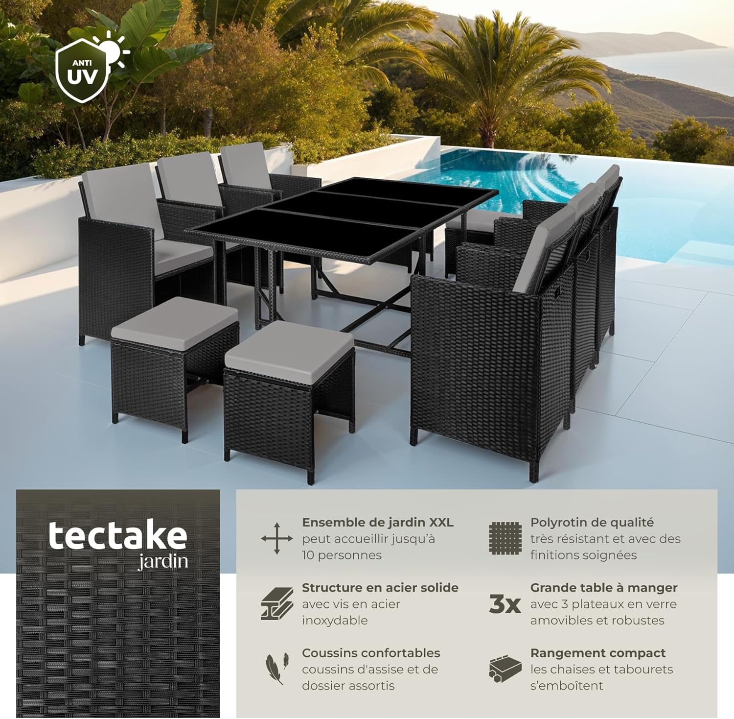 ® Salon de Jardin Exterieur en Résine Tressée Poly Rotin Salon de Jardin Table 10 Personnes 6 Fauteuil en rotin 4 Tabouret Pouf Encastrable avec Housse de Protection, Entretien Facile Noir/Gris