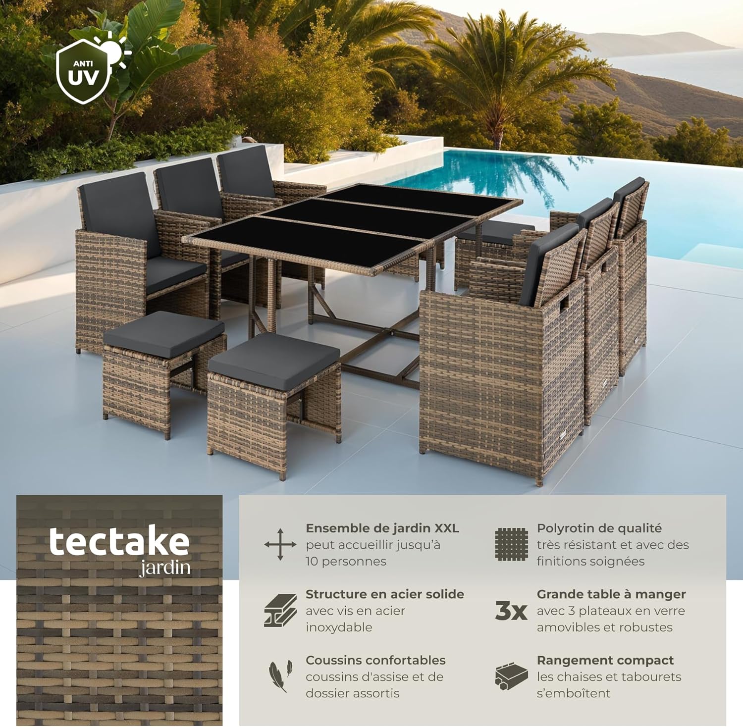 ® Salon de Jardin Exterieur en Résine Tressée Poly Rotin Salon de Jardin Table 10 Personnes 6 Fauteuil en rotin 4 Tabouret Pouf Encastrable avec Housse de Protection, Entretien Facile Marron Naturel