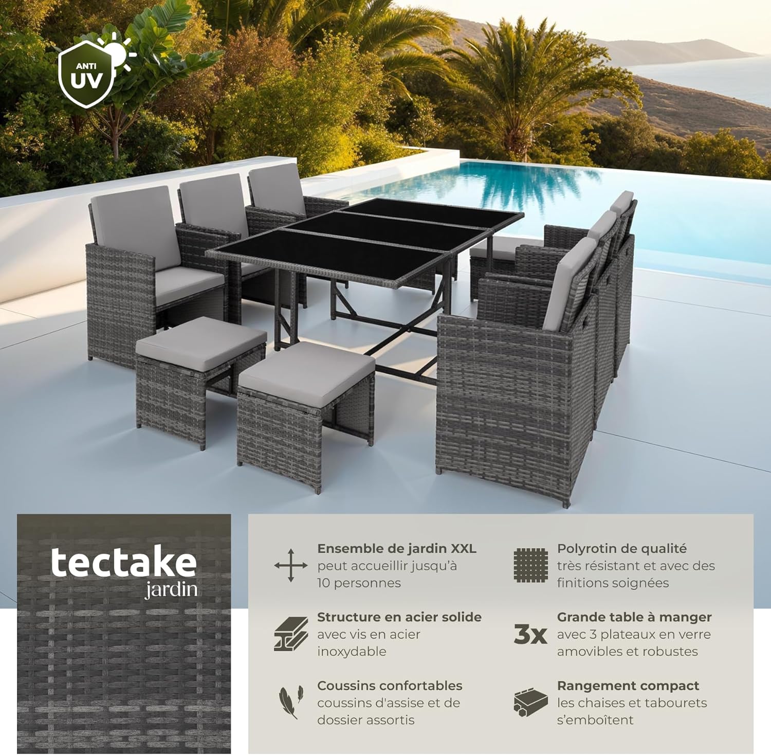 ® Salon de Jardin Exterieur en Résine Tressée Poly Rotin Salon de Jardin Table 10 Personnes 6 Fauteuil en rotin 4 Tabouret Pouf Encastrable avec Housse de Protection, Entretien Facile Gris