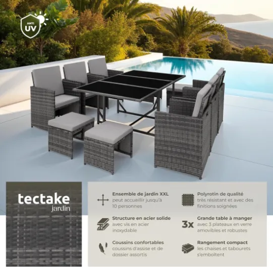 ® Salon de Jardin Exterieur en Résine Tressée Poly Rotin Salon de Jardin Table 10 Personnes 6 Fauteuil en rotin 4 Tabouret Pouf Encastrable avec Housse de Protection, Entretien Facile Gris