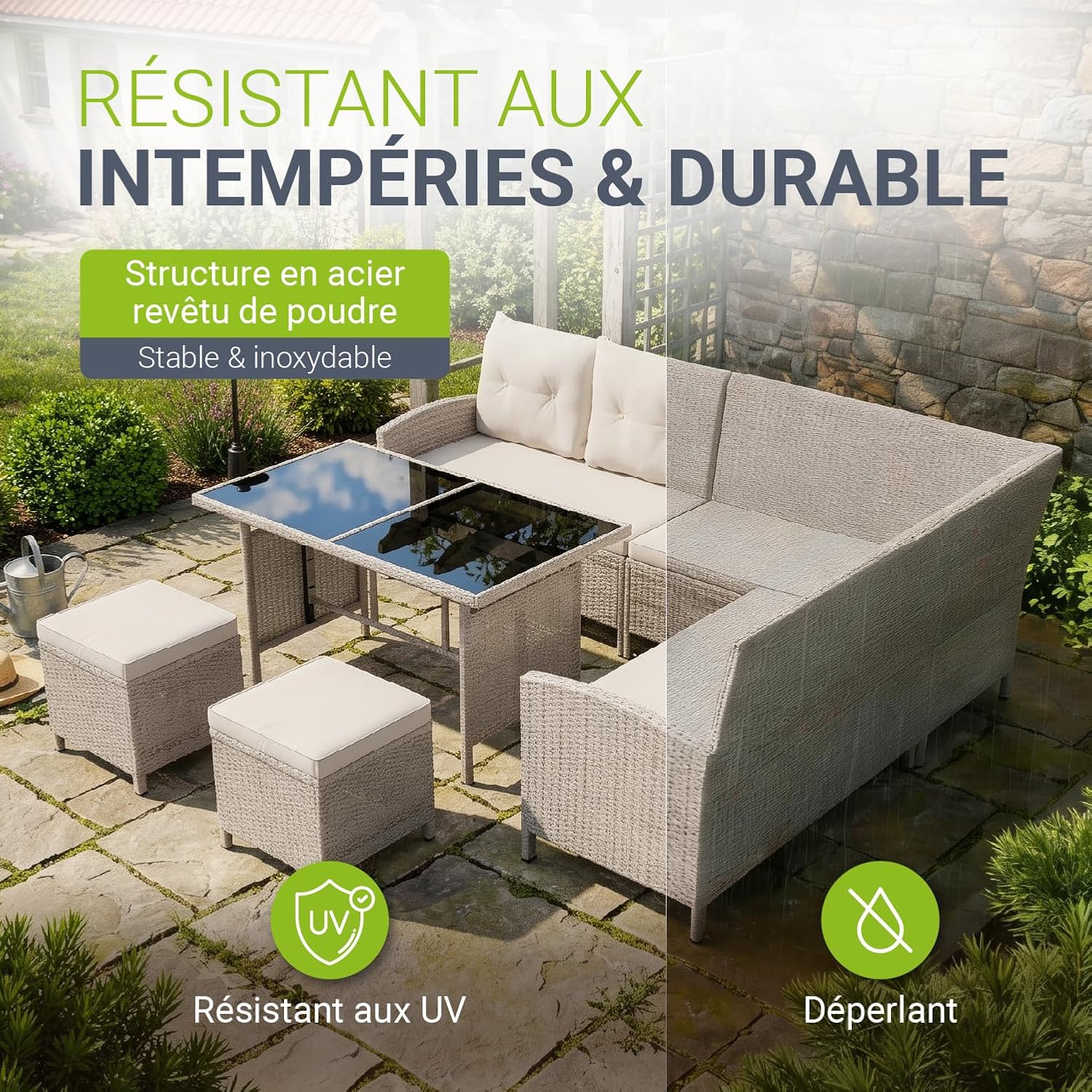 Salon de Jardin Manacor en résine tressée - mobilier extérieur avec canapé d’Angle Table Repas 2 poufs et Coussins - crème Sable Crème-sable