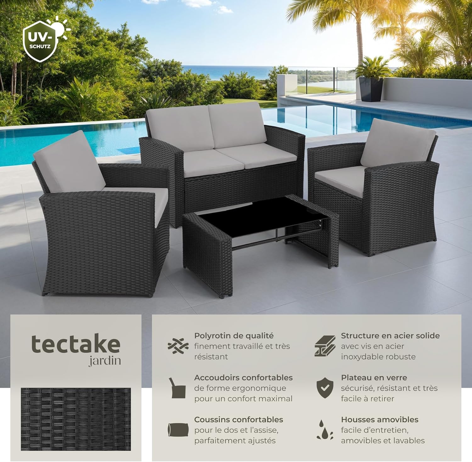 Salon de jardin en rotin - Design chic - Canapé 2 places, 2 fauteuils et 1 table avec plateau en verre amovible - Coussins d'assise et de dossier confortables - Pour jardin, terrasse, balcon Noir/Gris