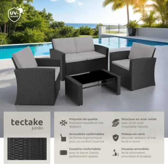 Salon de jardin en rotin - Design chic - Canapé 2 places, 2 fauteuils et 1 table avec plateau en verre amovible - Coussins d'assise et de dossier confortables - Pour jardin, terrasse, balcon Noir/Gris