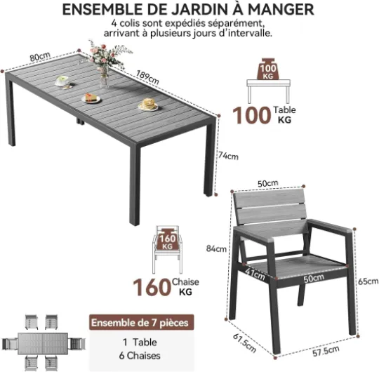 HDPS Salon de Jardin Exterieur 7 Pièces, Résistance aux Intempéries Ensemble 189 cm Table et 6 Chaise de Jardin Exterieur Aluminium, Finition Grain de Bois et Facile d'entretien(Gris) Gris 189 cm Table et 6 Chaise