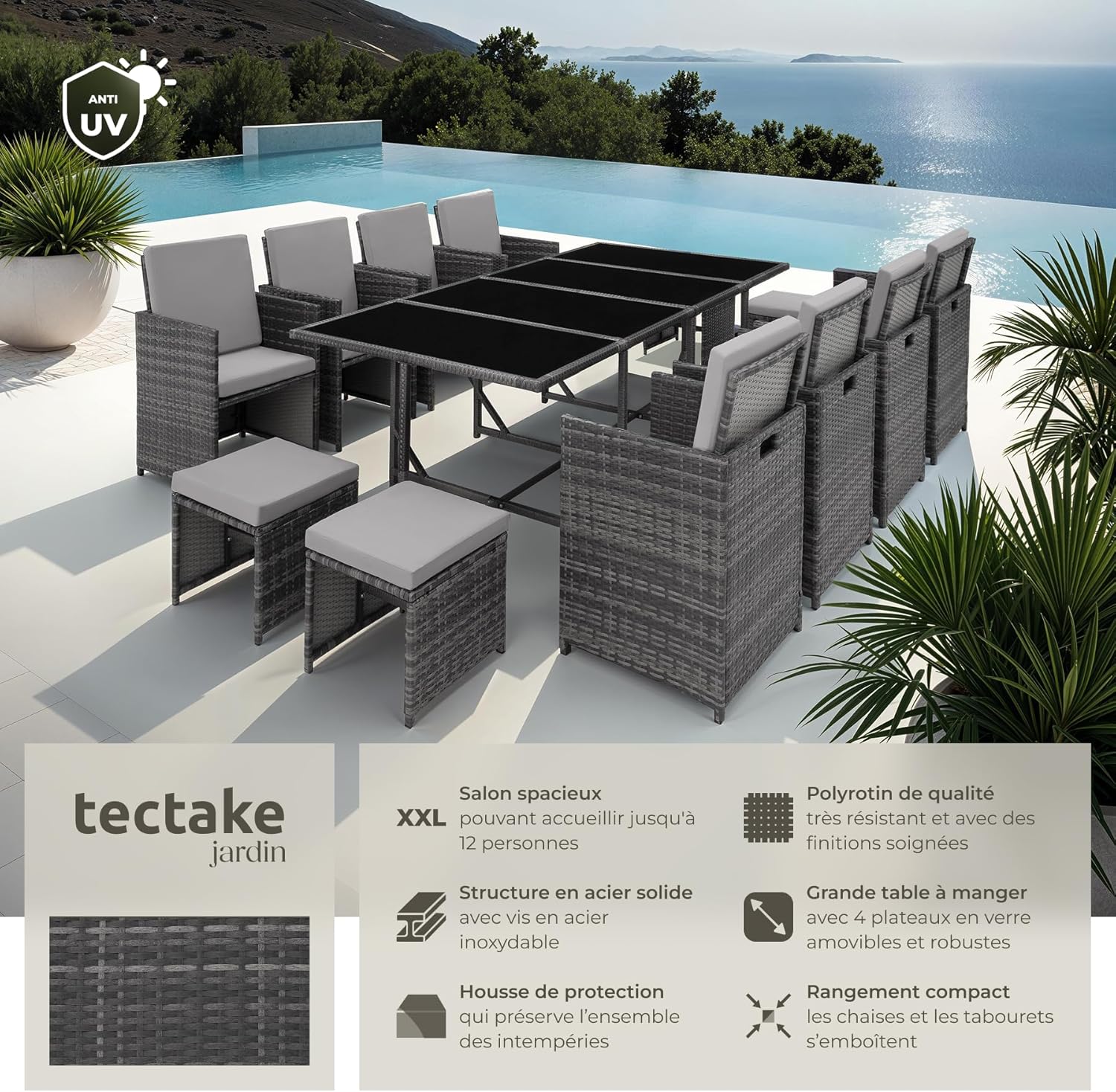 Salon en Résine Tressée - Ensemble Repas Extérieur avec 8 Chaises Confortables et 4 Tabourets, 1 Table - Mobilier de Jardin pour Balcon ou Terrasse - Gris/Gris Clair