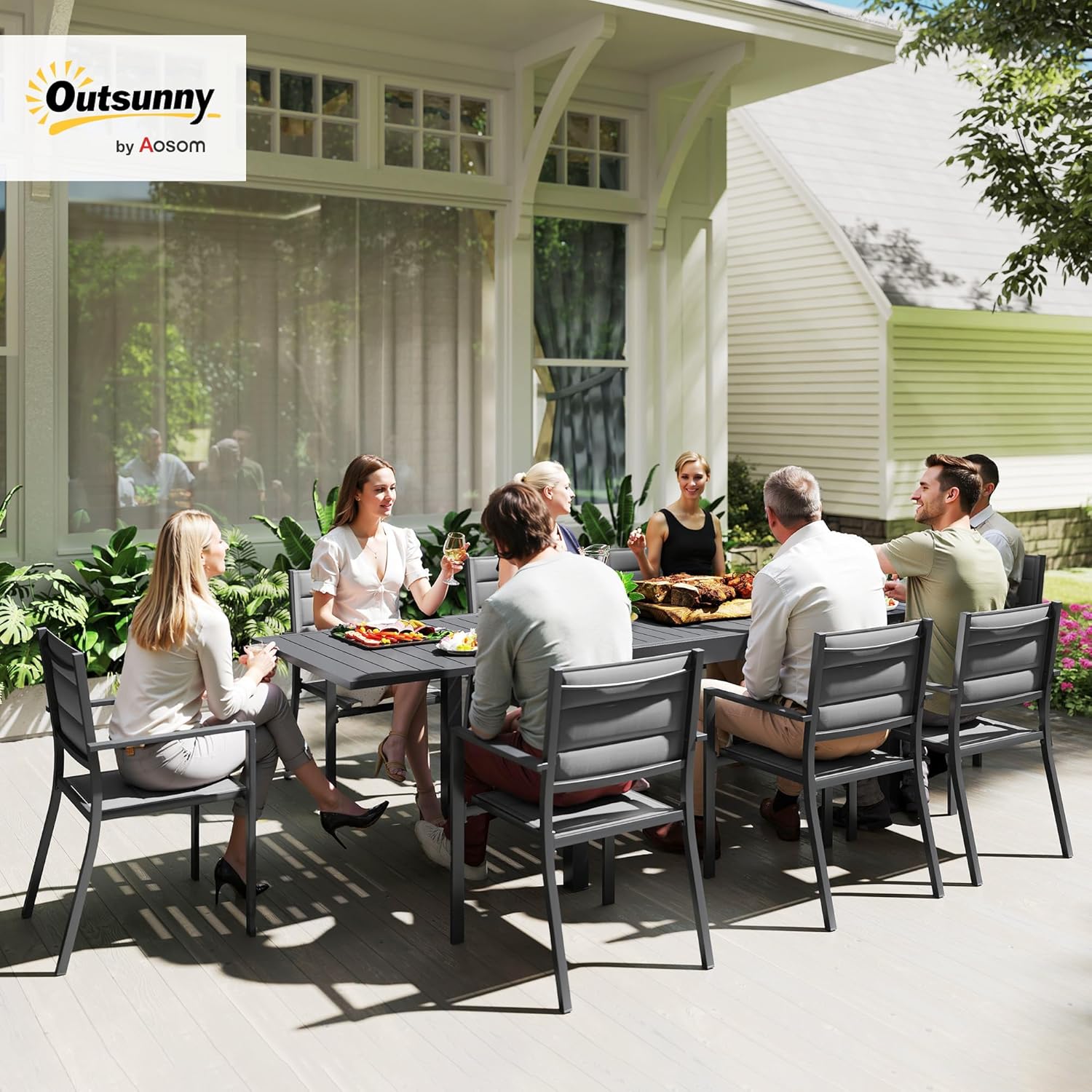 Salon de Jardin Exterieur 8 Personnes Table de Jardin Extensible 135-270 cm pour 6-8 Personnes en Aluminium et textilène - 8 chaises empilables - Gris 270x90x75cm