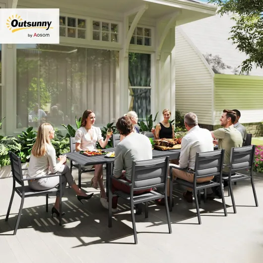 Salon de Jardin Exterieur 8 Personnes Table de Jardin Extensible 135-270 cm pour 6-8 Personnes en Aluminium et textilène - 8 chaises empilables - Gris 270x90x75cm