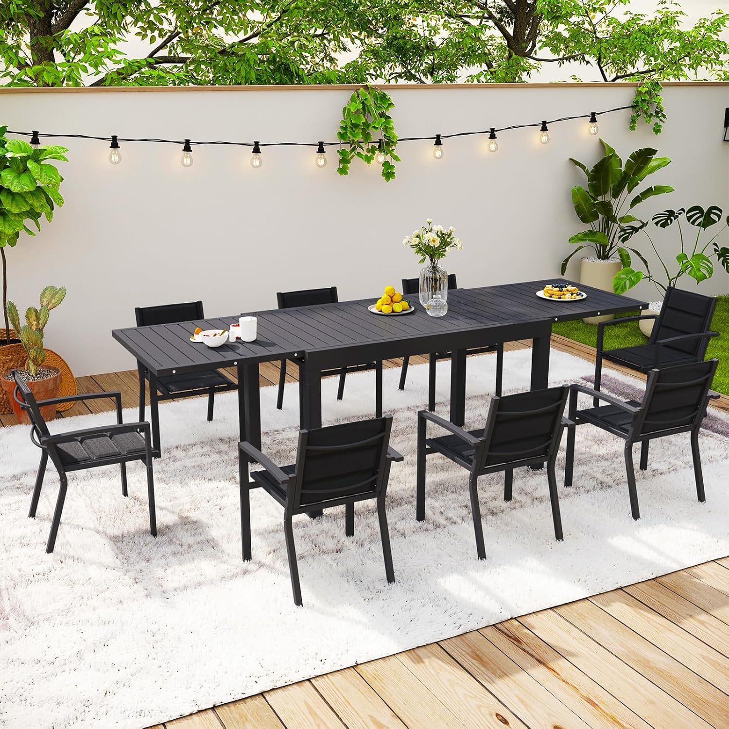 Salon de Jardin Exterieur 8 Personnes, 8+1 Mobilier de Jardin Aluminium, 8 Chaise Empilable Aluminium et 1 130CM-260CM Table de Jardin Extensible, Gris Foncé 130-260CM 8 personnes-siège Gris Foncé