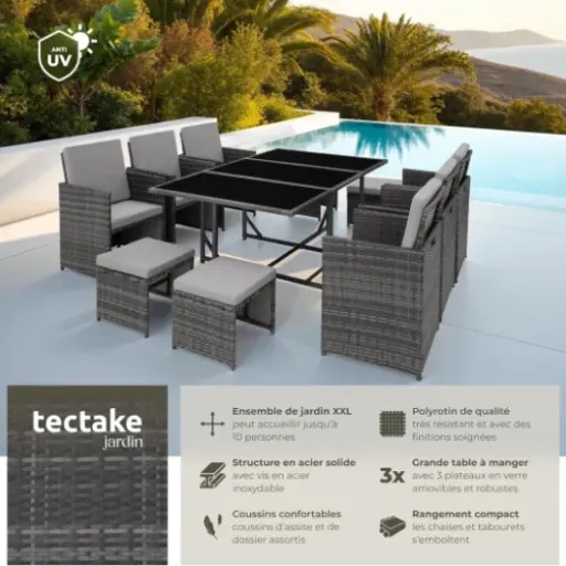 Test tectake Salon de Jardin 10 personnes : gros ensemble encastrable qui fait le job (si vous aimez le montage)