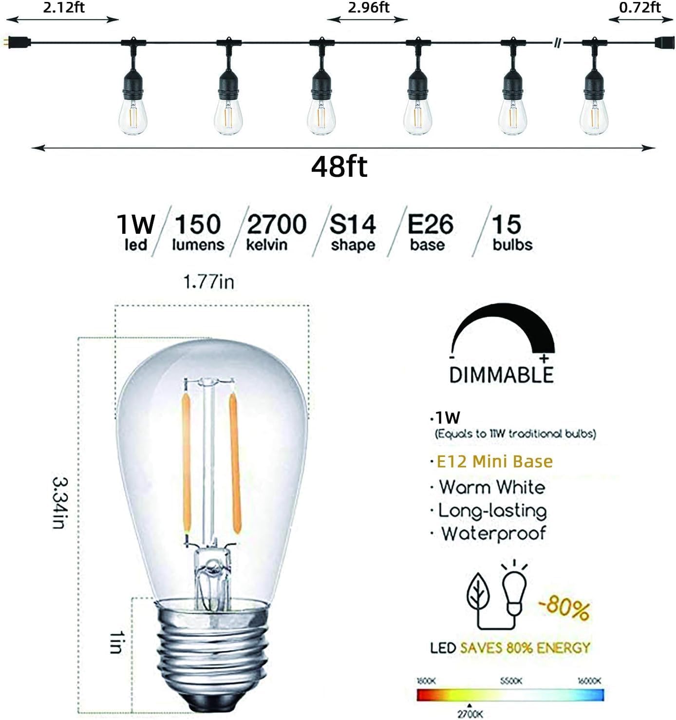 Svater Guirlande Lumineuse Extérieure, 15M S14 Guirlande Guinguette LED avec 15+1 2W E27 Plastiques Ampoule, IP65 Étanche Guirlande Electrique Exterieur pour Jardin Pergola Terrasse, 2700K Blanc Chaud S14-15M