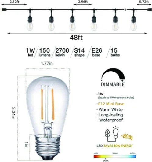 Svater Guirlande Lumineuse Extérieure, 15M S14 Guirlande Guinguette LED avec 15+1 2W E27 Plastiques Ampoule, IP65 Étanche Guirlande Electrique Exterieur pour Jardin Pergola Terrasse, 2700K Blanc Chaud S14-15M