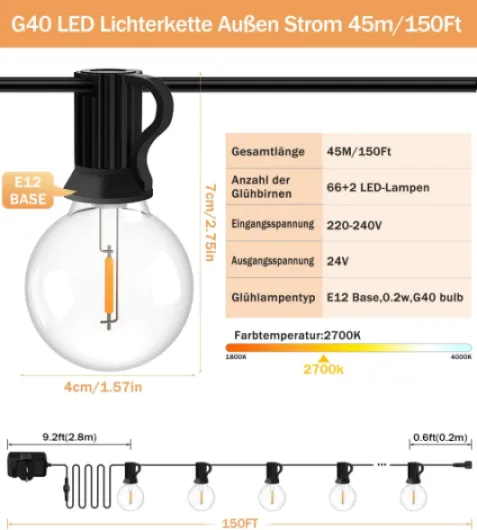 Guirlande Lumineuse Guinguette Exterieur 45M - G40 150FT 66+2 LED Ampoules de Guirlandes Jardin Lumiere Exterieure Connectable IP44 Imperméable Guirlande Lumières Extérieur Terrasse Pergola Balcon 45M-Télécommande