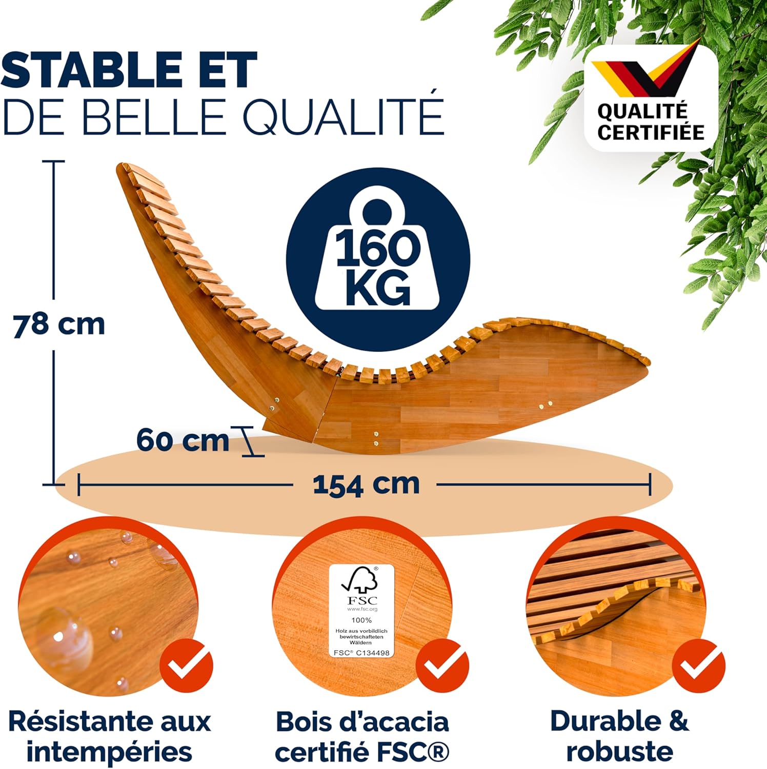 ® Chaise Longue à Bascule en Bois d'acacia certifié FSC® - Transat de Jardin Pliable, Bain de Soleil pour Sauna intérieur Exterieur, Charge 160kg