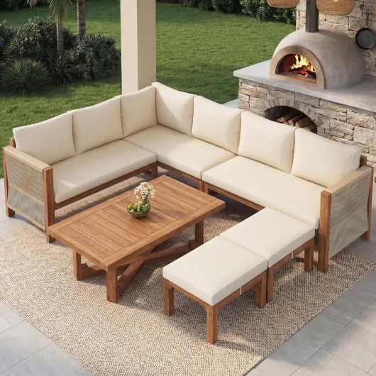 Salon de Jardin Extérieur 6 Places en Acacia Modulaire avec Coussins, 2 Tabourets & Table - Canapé d'angle Extérieur pour Terrasse Beige-1