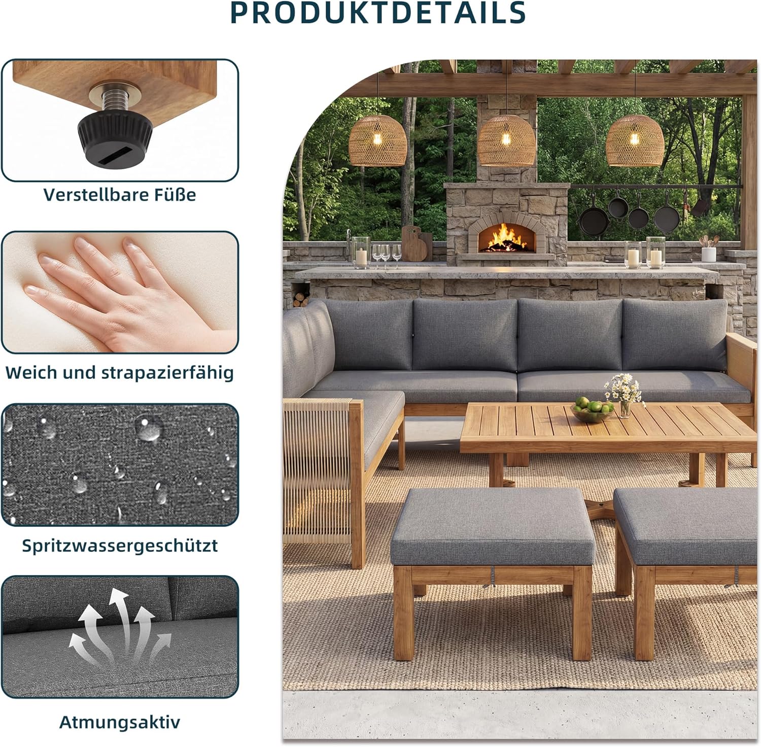 Salon de Jardin Exterieur 6/8 Personnes, Modulaire en Acacia en Forme de L Canapé d'angle avec Accoudoirs en Bois avec 3 Canapés 2 Places,2 Tabourets Rembourré,Coussins,pour Terrasse,Balcon Grey-i 8places 1