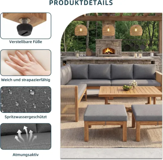 Salon de Jardin Exterieur 6/8 Personnes, Modulaire en Acacia en Forme de L Canapé d'angle avec Accoudoirs en Bois avec 3 Canapés 2 Places,2 Tabourets Rembourré,Coussins,pour Terrasse,Balcon Grey-i 8places 1