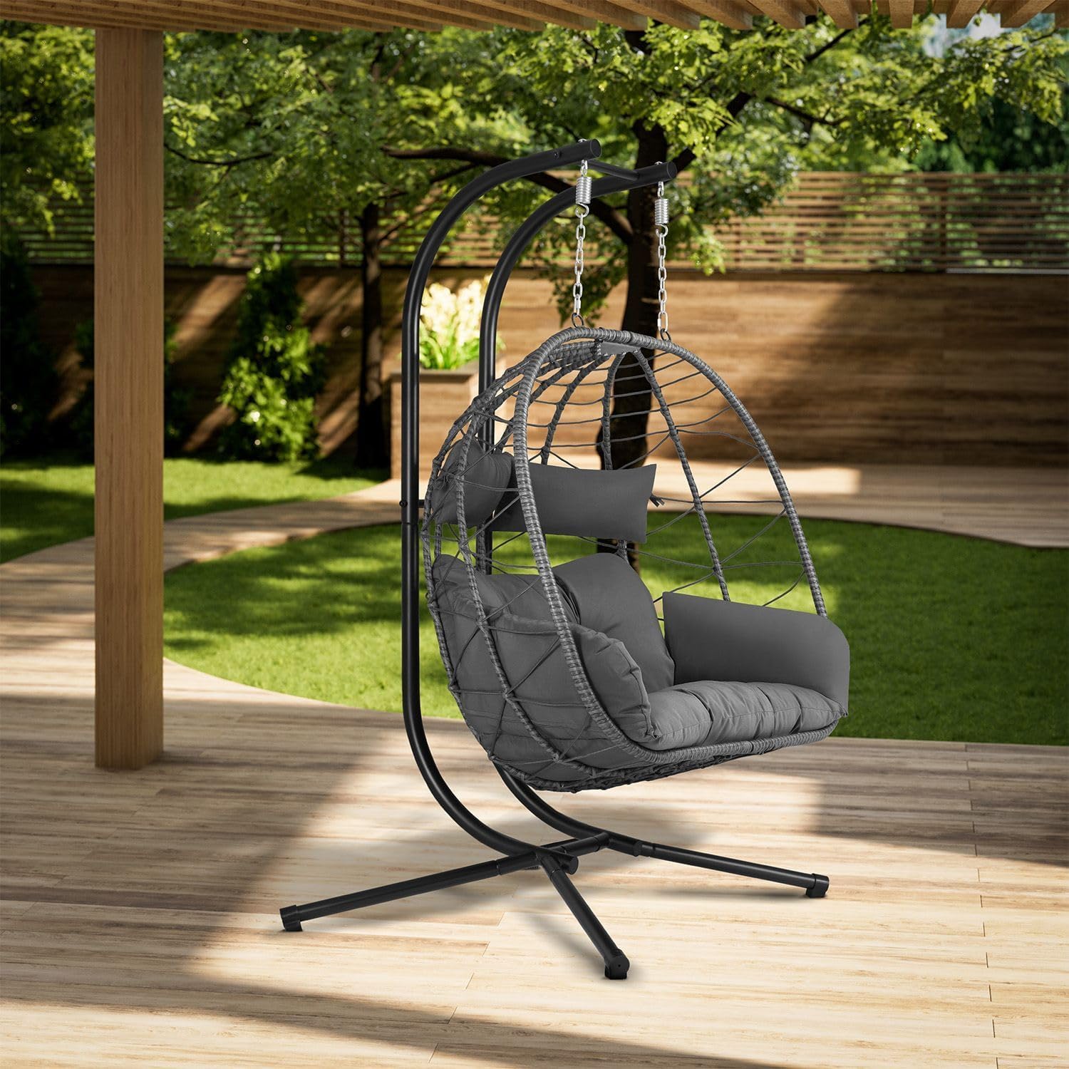 Fauteuil Suspendu Double Aria de Juskys - Fauteuil Suspendu en polyrotin avec Support & Coussins - balancelle pour Deux Personnes - Fauteuil d'extérieur/d'intérieur - Panier XXL Gris