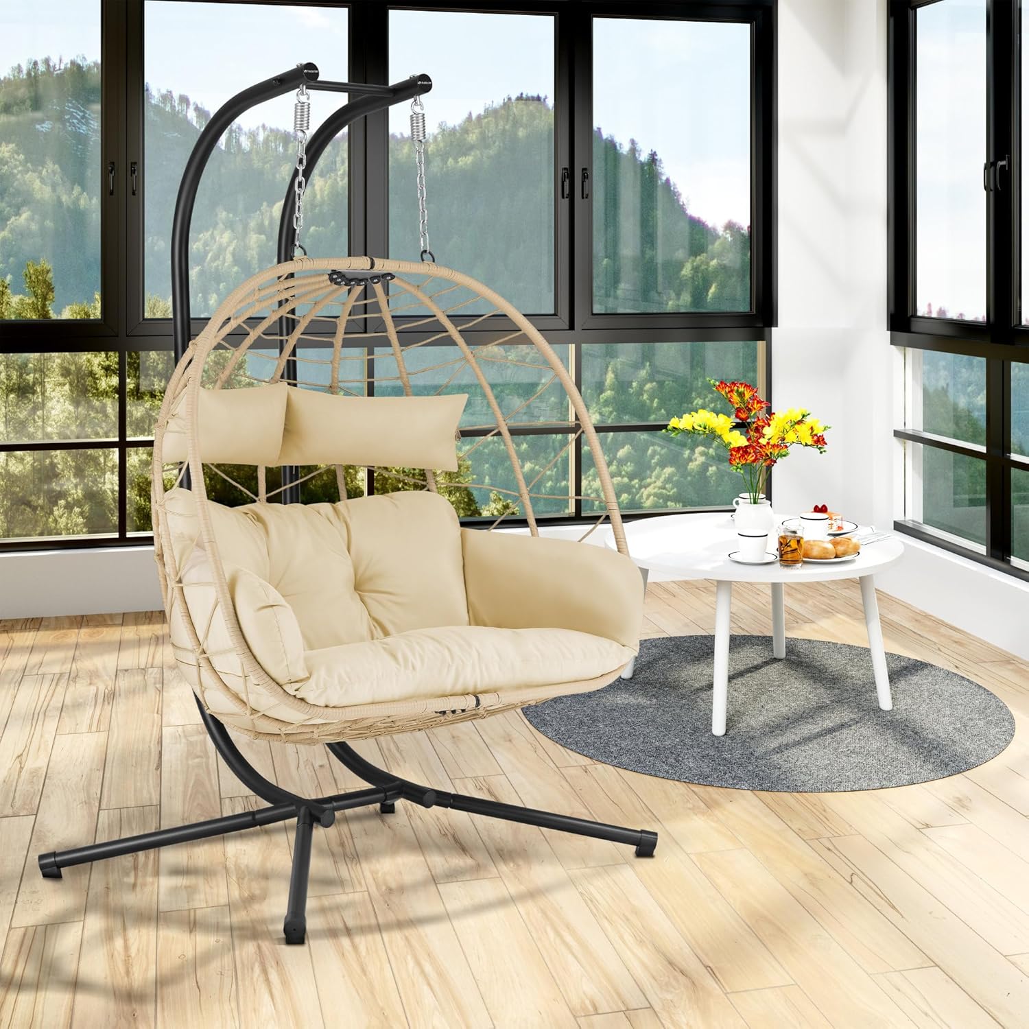 Fauteil hamac pour 2 Personnes avec châssis - Crème - Balançoire Suspendue XXL pour l’intérieur,l’Exterieur, terrasse - Fauteuil 2 Places en Osier, Fauteuil Suspendu en Oeuf