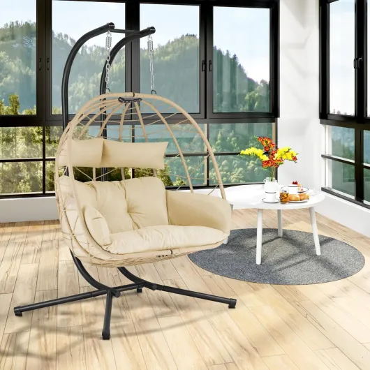 Fauteil hamac pour 2 Personnes avec châssis - Crème - Balançoire Suspendue XXL pour l’intérieur,l’Exterieur, terrasse - Fauteuil 2 Places en Osier, Fauteuil Suspendu en Oeuf