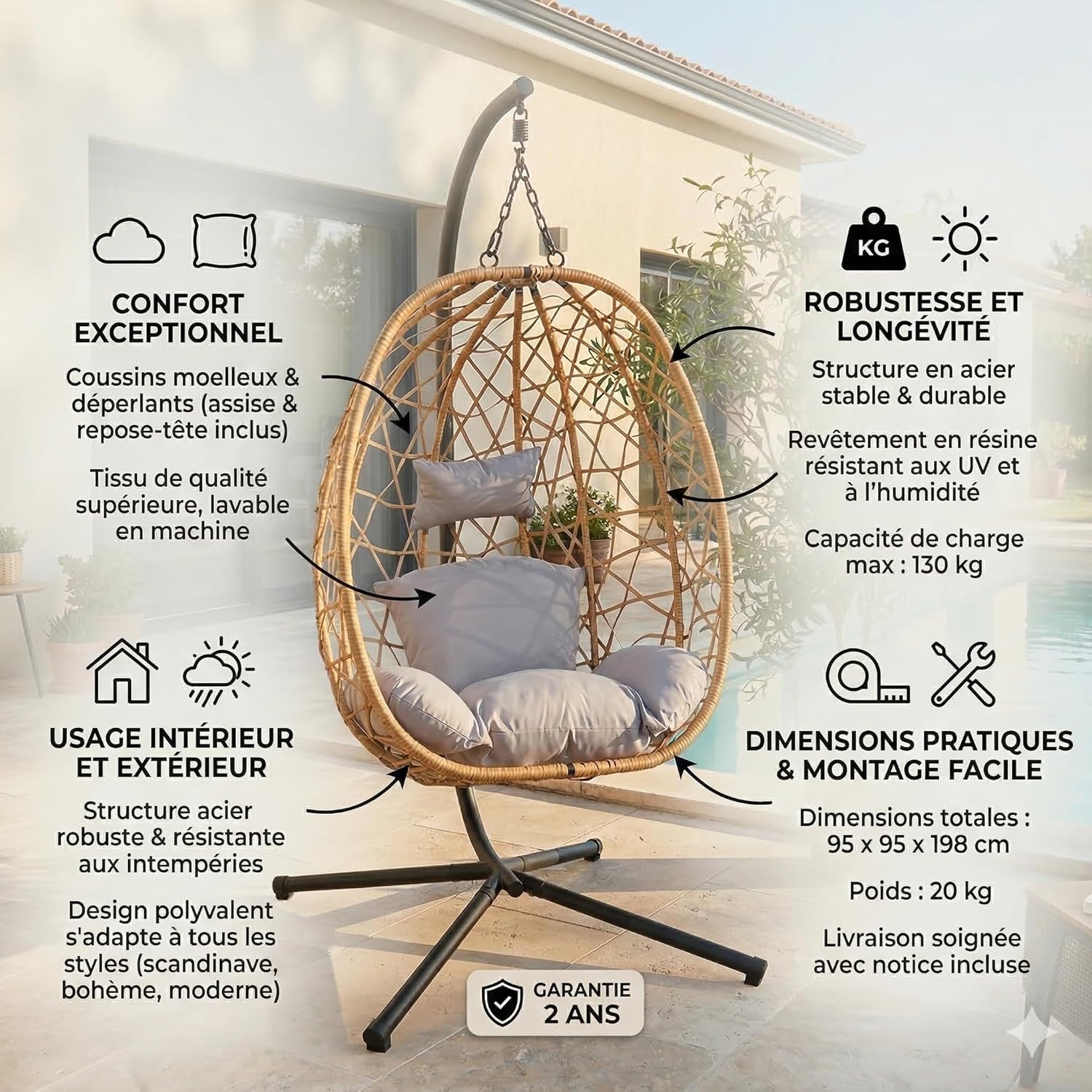 CONCEPT USINE - Fauteuil Suspendu avec Support en Résine Tressée - Design CUZCO Rotin Naturel - Structure Acier Robuste - Coussins Déperlants & Amovibles - Balançoire 1 Place - Intérieur & Extérieur