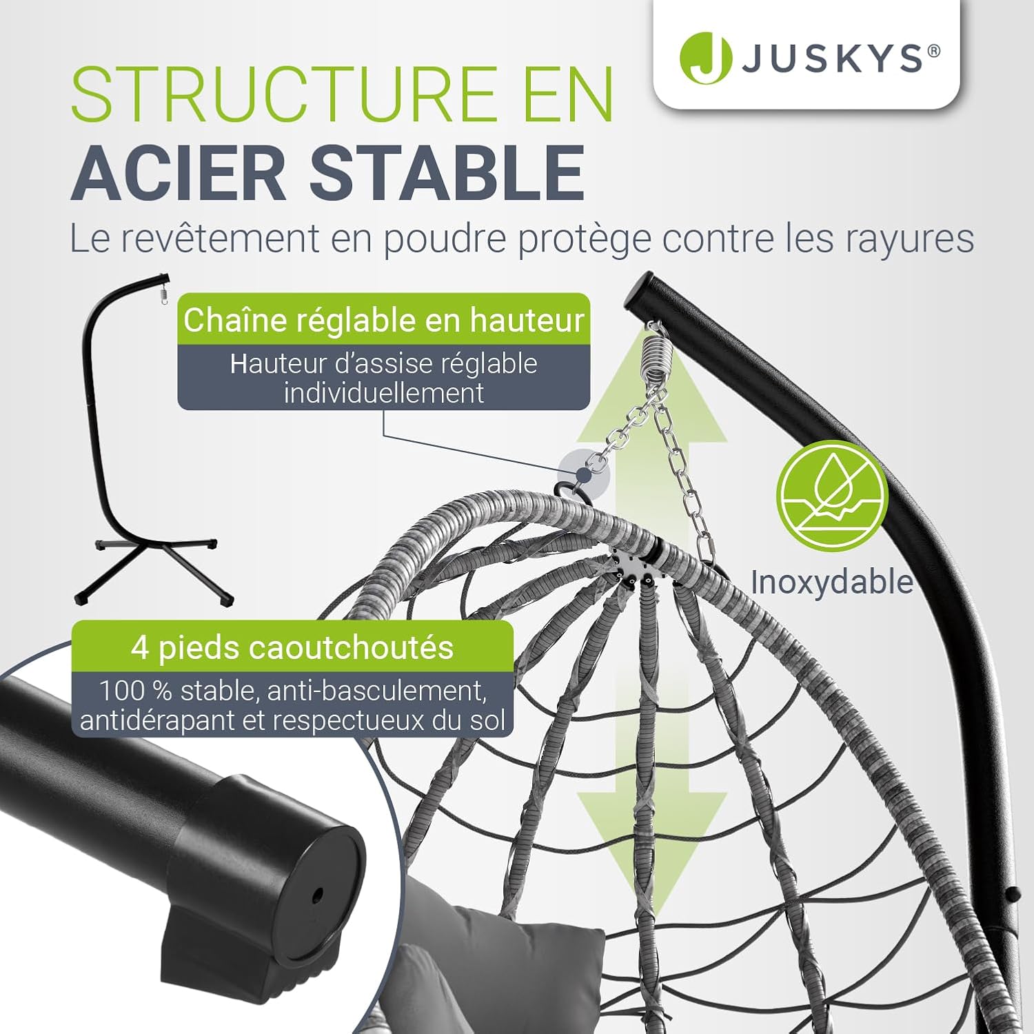 Fauteuil Suspendu Aria avec Coussin - réglable en Hauteur et Pliable - Balancelle en rotin synthétique pour l'extérieur et l'intérieur - Siège en Osier Gris foncé jusqu'à 130 kg