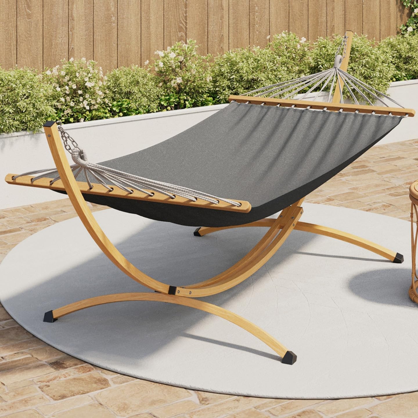 Hamac XL avec Support métal Effet Bois et Toile Grise