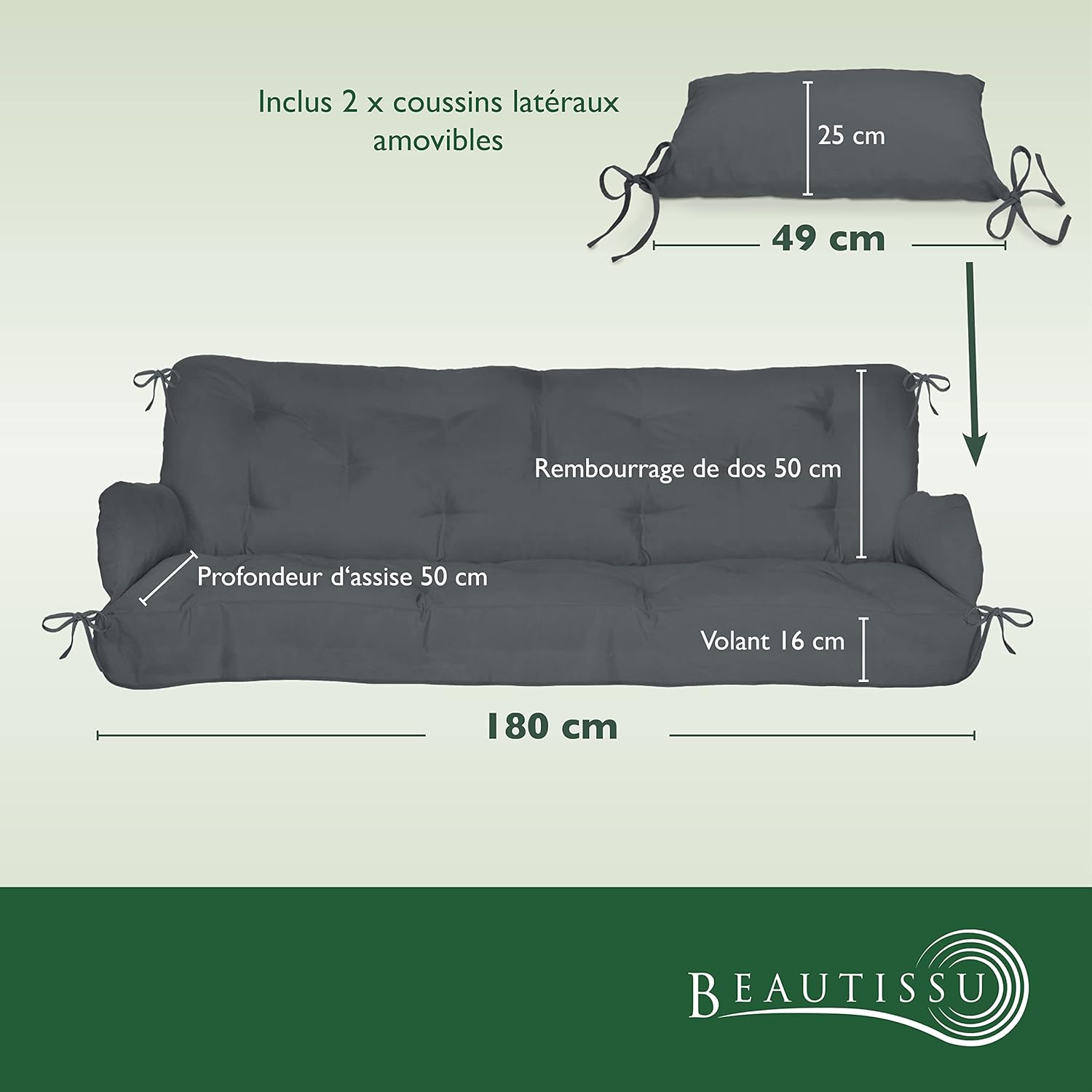 Coussin pour Balancelle 180x50x8 cm Flair HS – Coussin de Jardin avec 2 Oreillers – Matelas pour Banc de Jardin, Rembourrage Flocons de Mousse - Anthracite