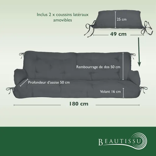 Coussin pour Balancelle 180x50x8 cm Flair HS – Coussin de Jardin avec 2 Oreillers – Matelas pour Banc de Jardin, Rembourrage Flocons de Mousse - Anthracite