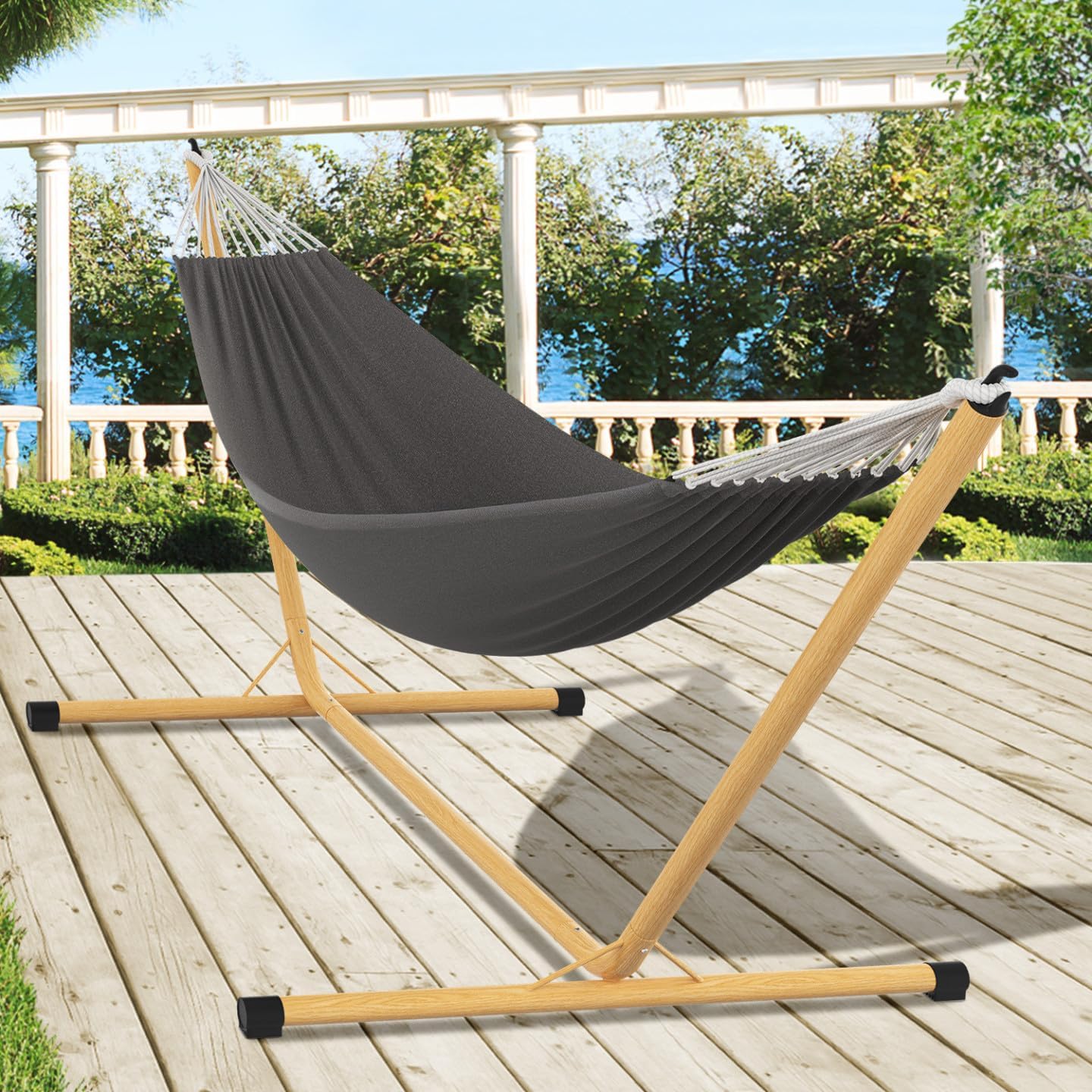 Hamac avec Support métal Effet Bois et Toile Gris Anthracite