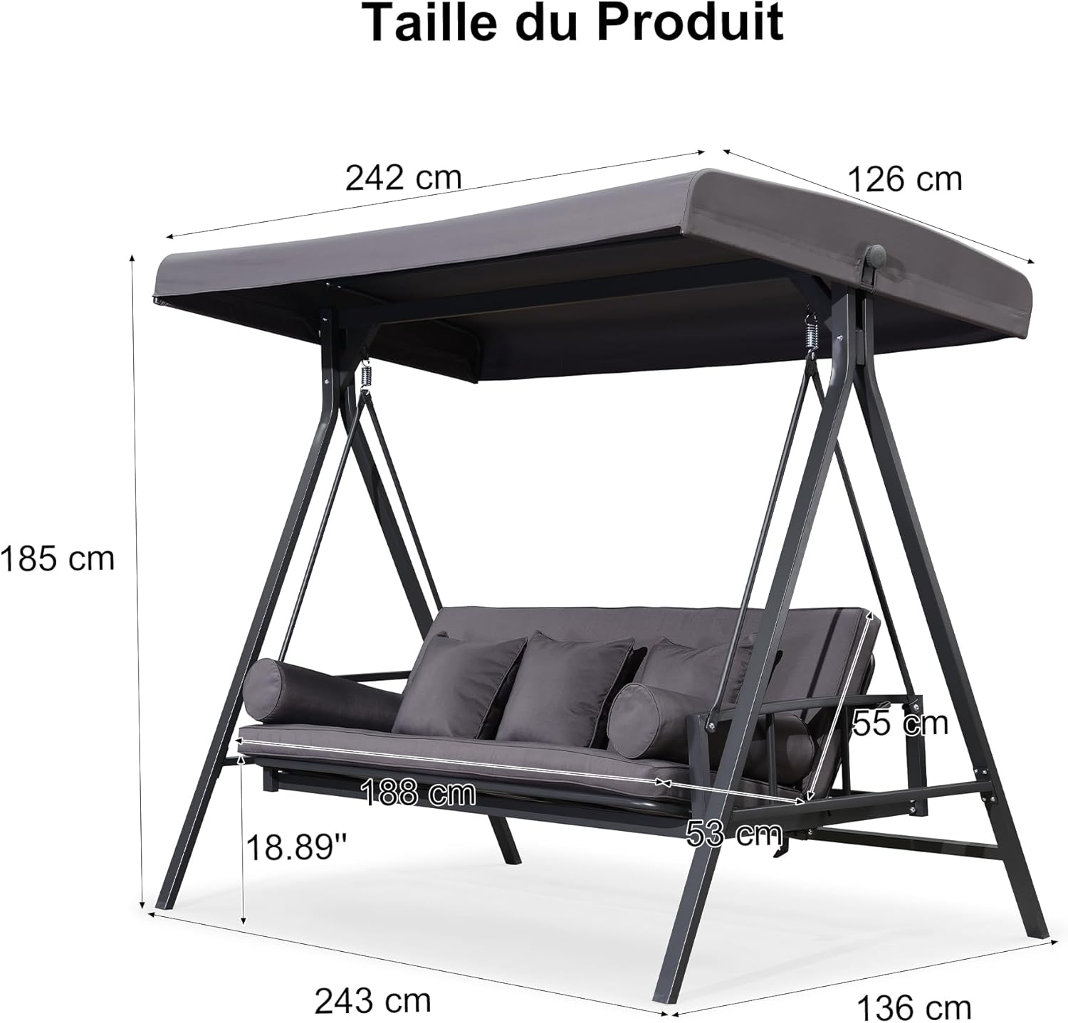 Balancelle de Jardin 3 Places Toit Réglable, Convertible en Balancelle Lit, XL Balancelle Jardin Exterieur avec 5 Coussins, Poids Max 350kg, Gris 3 Places Cadre Gris Balancelle Lit