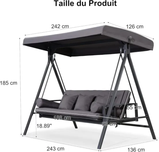 Balancelle de Jardin 3 Places Toit Réglable, Convertible en Balancelle Lit, XL Balancelle Jardin Exterieur avec 5 Coussins, Poids Max 350kg, Gris 3 Places Cadre Gris Balancelle Lit