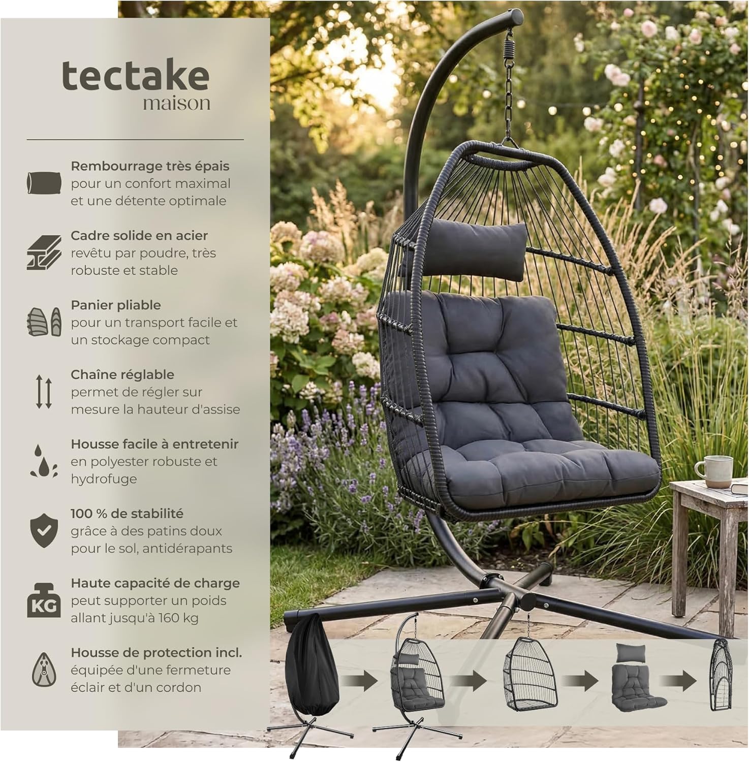 ® Fauteuil Oeuf Suspendu Chaise hamac Balancoire Cocooning Confortable Pliable Résistant, Fauteuil Relax avec Structure en Acier & Coussin Épais Gris Foncé