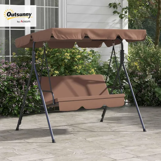 Balancelle de Jardin 3 Places Toit Inclinaison réglable Coussins Assise et Dossier 1,72L x 1,1l x 1,53H m Acier Noir Polyester Marron