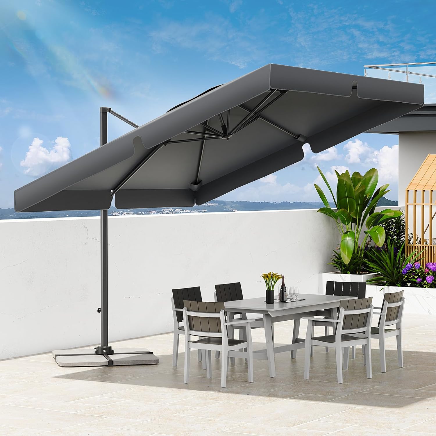Parasol Déporté Carré, Parasol de Jardin Extérieur avec Manivelle et Réglage Hauteur, Protection UV 50+, Pour Terrasse, Jardin, Balcon et Restaurant, Gris Gris 3000 x 3000 mm