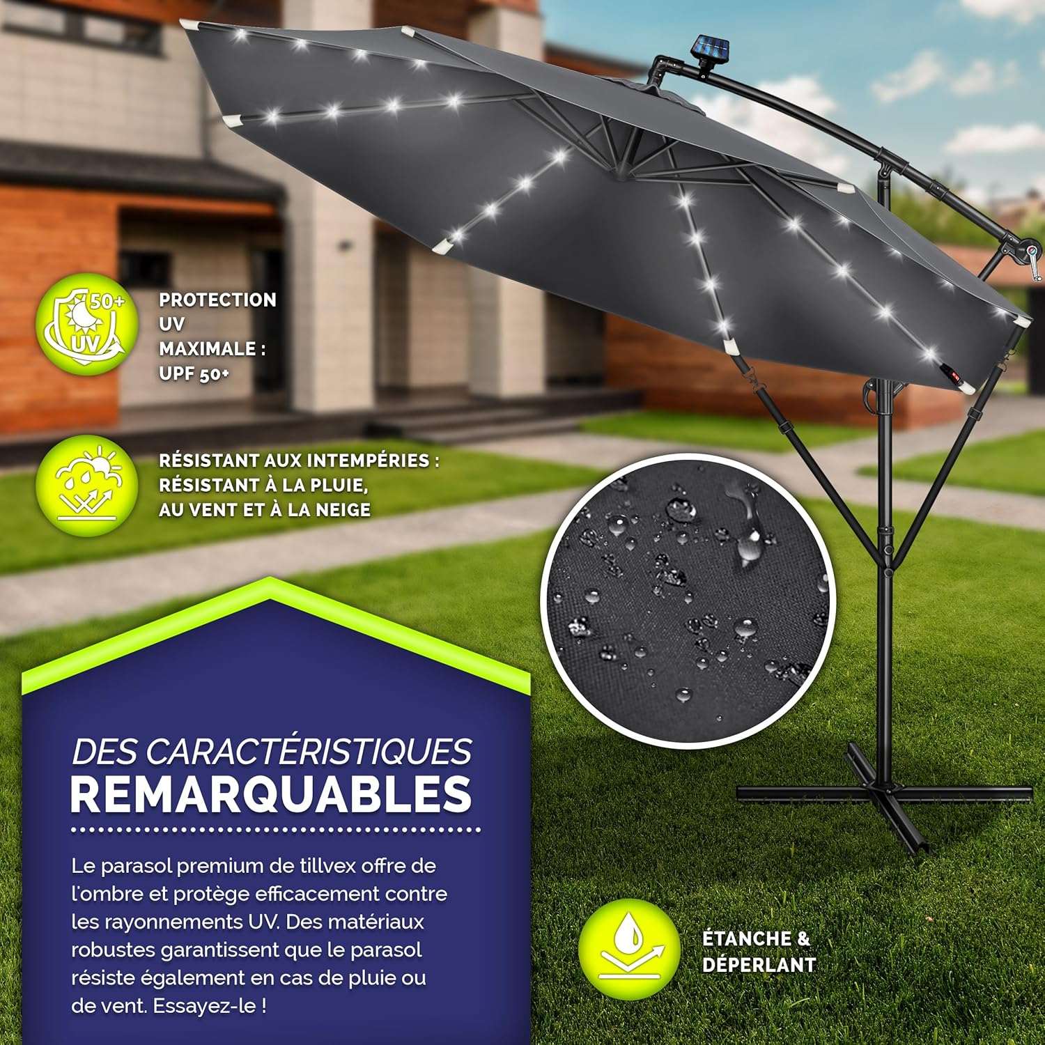Tillvex Parasol déporté LED solaire hexagonale 3M avec manivelle - Pare-soleil avec pied - Protection UV en aluminium pour le jardin - Parasol à manivelle pour le marché déperlant 300 cm Anthracite