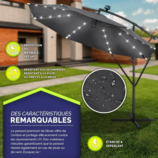 Tillvex Parasol déporté LED solaire hexagonale 3M avec manivelle - Pare-soleil avec pied - Protection UV en aluminium pour le jardin - Parasol à manivelle pour le marché déperlant 300 cm Anthracite