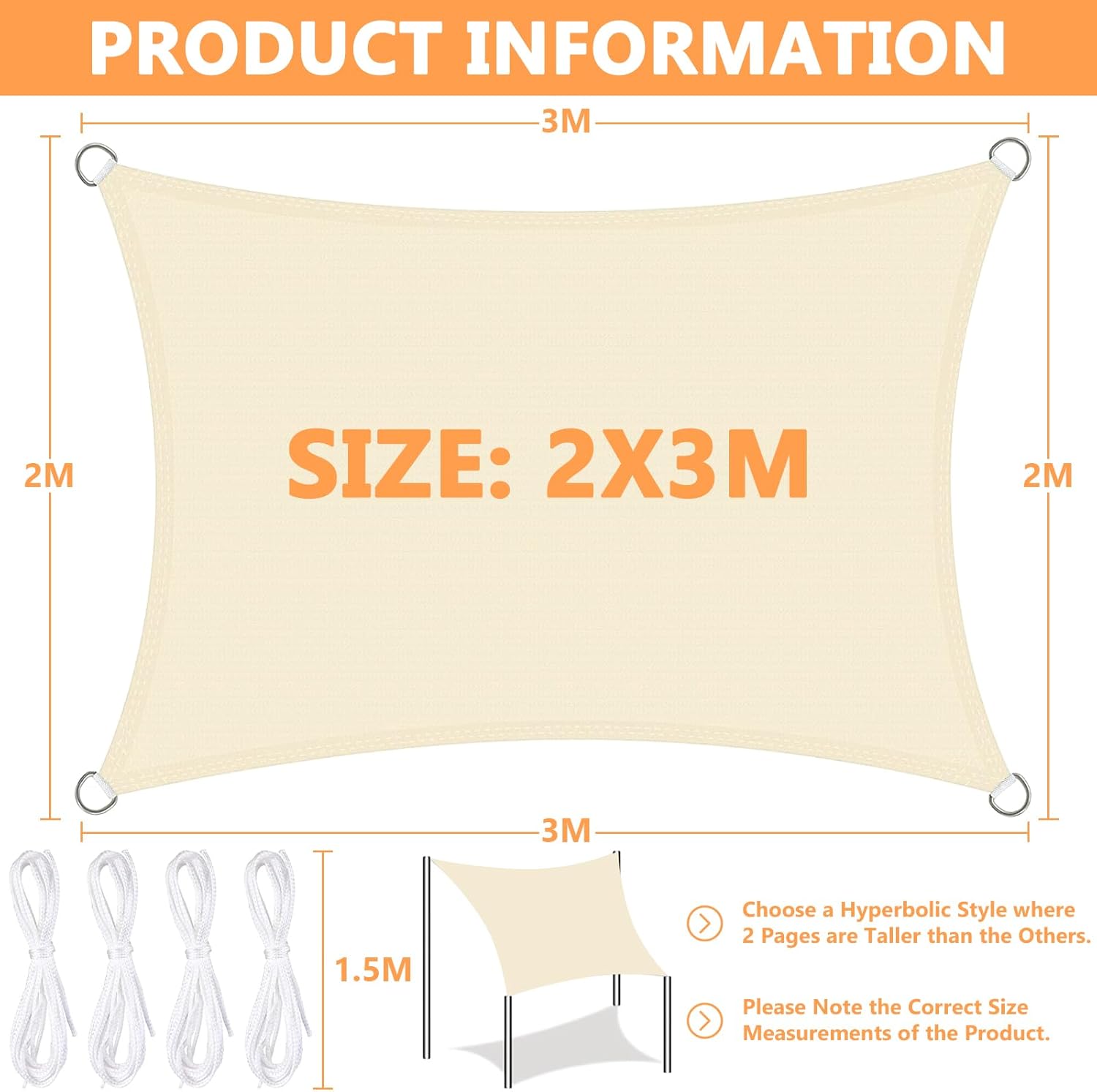 Voile d'ombrage 2x3M, Voile d'ombrage Imperméable, Voile d'ombrages Rectangulaire, Toile d'ombrage Une Protection des Rayons UV à 95%, Voile Ombrage pour Extérieur, Terrasse, Jardin, Balcon