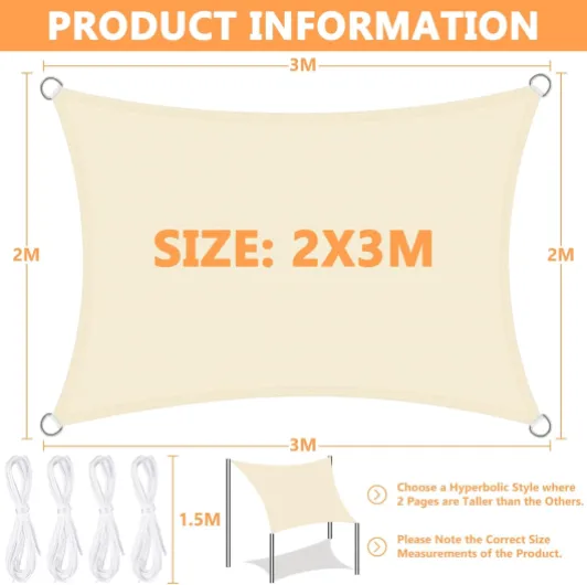 Voile d'ombrage 2x3M, Voile d'ombrage Imperméable, Voile d'ombrages Rectangulaire, Toile d'ombrage Une Protection des Rayons UV à 95%, Voile Ombrage pour Extérieur, Terrasse, Jardin, Balcon