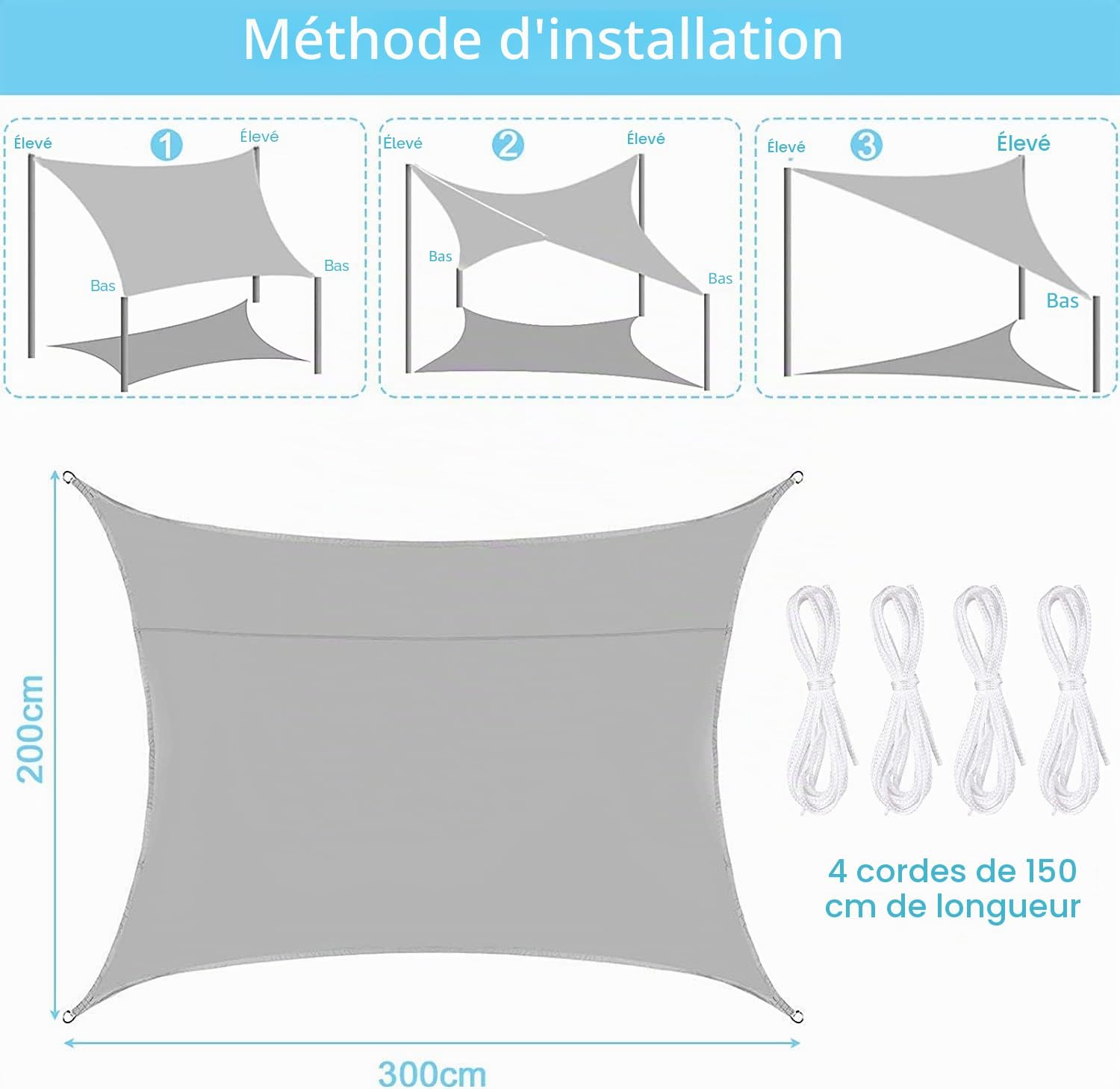 Voile d'ombrage,Toile Solaire Voile 2 x 3 m Voile d'ombrage Terrasse Rectangulaire Imperméable, Voile d'ombrage Jardin,Résistant Aux UV,pour en Plein air,Corde,Gris,Toile ombrage