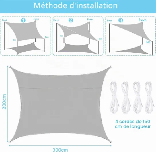 Voile d'ombrage,Toile Solaire Voile 2 x 3 m Voile d'ombrage Terrasse Rectangulaire Imperméable, Voile d'ombrage Jardin,Résistant Aux UV,pour en Plein air,Corde,Gris,Toile ombrage